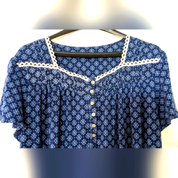 Blue & White Nightgown, Embroider-Look Detail, Short Sleeves, Buttons - Picture 2 of 10